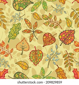 Vector autumn doodle seamless pattern.Silhouette of  leaves, branches,acorn in bright colors. Use for pattern, wallpaper, web page , backdrop, wrapping paper, fabric , background .Vector