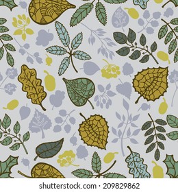 Vector autumn doodle seamless pattern.Silhouette of  leaves, branches in cool colors. Use for pattern, wallpaper, web page , backdrop, wrapping paper, fabric , background .Vector