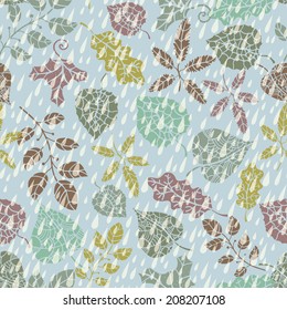 Vector autumn doodle seamless pattern.Silhouetteof  Leaves and  branches ,drops of rain . Use for pattern, wallpaper, web page , backdrop, wrapping paper, fabric , background .Vector