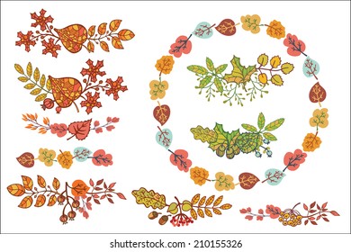 Vector autumn doodle set  with berries, leaves,branches,acorn.Bright compositions and wreath.Autumn design template. Use for design template,invitations,web and print