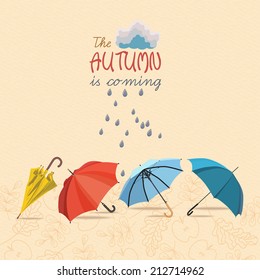 Vector autumn doodles card. Hand draw umbrellas  and leafs over watercolor paper. Lettering quote. Season of the rain, greeting card, cute background. Color doodle background. Vintage style.