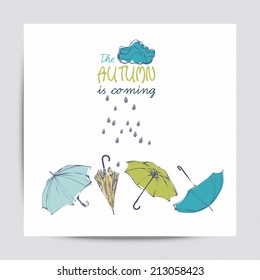 Vector autumn doodles card. Hand draw umbrellas and leafs over watercolor paper. Lettering quote. Season of the rain, greeting card, cute background. Color doodle background. Vintage style.