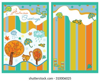 Vector autumn doodles card. Hand draw trees and leafs. Lettering quote. Illustration, greeting card, cute background. Colorful