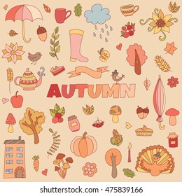 Vector autumn doodles card. Hand draw. thanksgiving