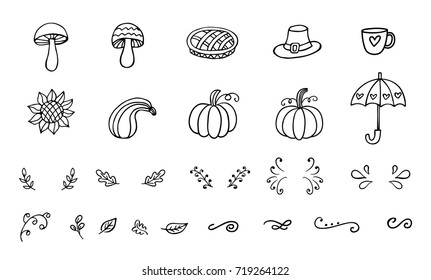 Vector autumn doodles collection, isolated on white. Hand drawn design elements set. Seasonal decoration