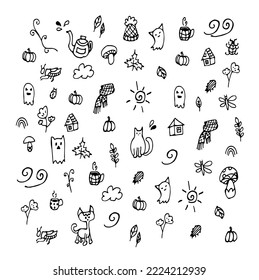 vector autumn doodles, there are elements such as clouds, cat, scarf, hat,
leaves, cup of tea, mushrooms, pumpkin, insects, house, plants, kettle, ghost, patterns.
Can be used as background or colorin