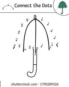 Vector autumn dot-to-dot and color activity with cute umbrella. Fall season connect the dots game. Funny coloring page for kids with rain shield. 
