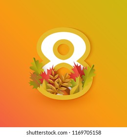 Vector autumn eight number 8 with forest leaves on orange background. Seasonal typography symbol illustration with floral maple oak tree leaves, thanksgiving holiday sign