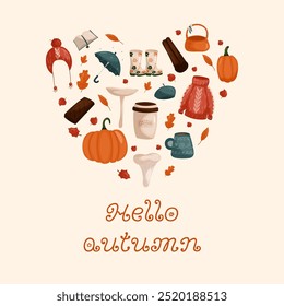 Vector autumn elements with the inscription hello autumn. Vector Umbrellas, mushrooms, pumpkins, autumn clothes, cinnamon and more. For backgrounds, postcards, banners, and illustrations