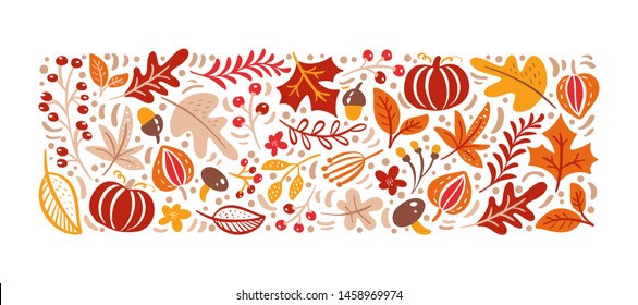 Vector autumn elements. Mushroom, acorn, maple leaves and pumpkin isolated on white background. Perfect for seasonal holidays, Thanksgiving Day