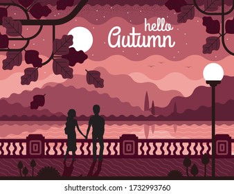 Vector autumn evening landscape with a couple in love. People watch the sunset near the sea.  Flat illustration can be used for banner, gift card, flyer, postcard, poster, cover.