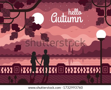 Vector autumn evening landscape with a couple in love. People watch the sunset near the sea.  Flat illustration can be used for banner, gift card, flyer, postcard, poster, cover.