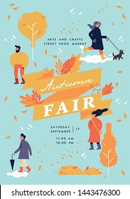 Vector Autumn Fair Poster, Flyer Or Banner Or Banner Template With People Enjoying Their Time Outdoors In Park. Fall Holiday Season Recreation And Public Event