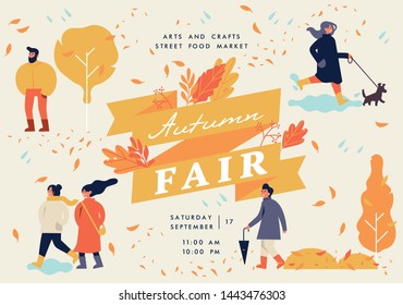 Vector Autumn Fair Poster, Flyer Or Banner Or Banner Template With People Enjoying Their Time Outdoors In Park. Fall Holiday Season Recreation And Public Event