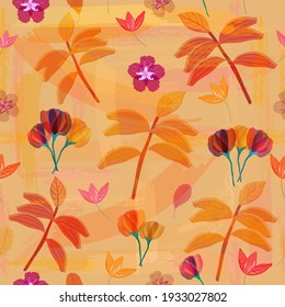 Vector Autumn, Fall Seamless Pattern in Orange, Yellow and Neon Colors. Floral Background for Fabrics, Tiles, Wallpaper, Packaging. 