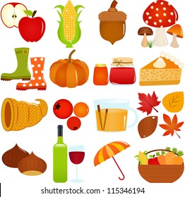 Vector of Autumn, Fall season theme - apple, corn, acorn, mushroom, boots, pumpkin, jam, pie, cornucopia, apple cider, wine. A set of cute and colorful icon collection isolated on white background