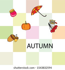 Vector of Autumn, Fall season theme, pumpkin, jam, umbrella. Set of cute colorful icon collection. Vector background.