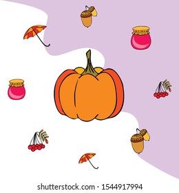 Vector of Autumn, Fall season theme, pumpkin, jam, umbrella. Set of cute colorful icon collection. Vector background.