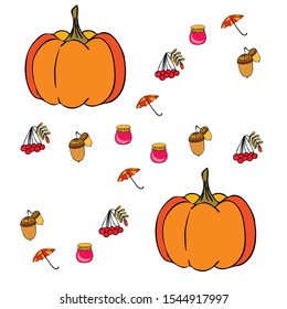 Vector of Autumn, Fall season theme, pumpkin, jam, umbrella. Set of cute colorful icon collection. Vector background.