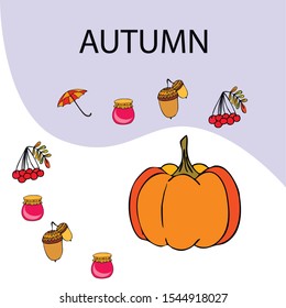 Vector of Autumn, Fall season theme, pumpkin, jam, umbrella. Set of cute colorful icon collection. Vector background.
