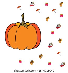 Vector of Autumn, Fall season theme, pumpkin, jam, umbrella. Set of cute colorful icon collection. Vector background.