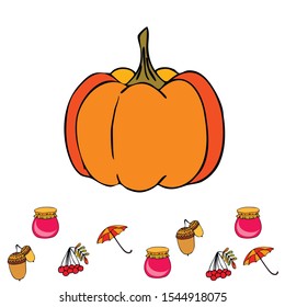 Vector of Autumn, Fall season theme, pumpkin, jam, umbrella. Set of cute colorful icon collection. Vector background.