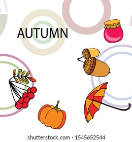 Vector of Autumn, Fall season theme, pumpkin, jam, umbrella. Set of cute colorful icon collection. Vector background.