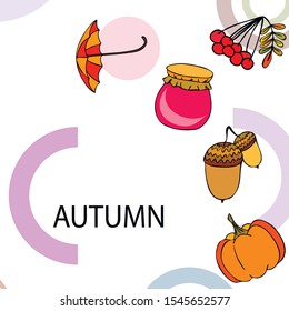 Vector of Autumn, Fall season theme, pumpkin, jam, umbrella. Set of cute colorful icon collection. Vector background.
