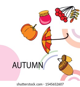Vector of Autumn, Fall season theme, pumpkin, jam, umbrella. Set of cute colorful icon collection. Vector background.