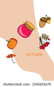 Vector of Autumn, Fall season theme, pumpkin, jam, umbrella. Set of cute colorful icon collection. Vector background.