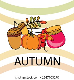 Vector of Autumn, Fall season theme, pumpkin, jam, umbrella. Set of cute colorful icon collection. Vector background.