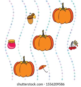 Vector of Autumn, Fall season theme, pumpkin, jam, umbrella. Set of cute colorful icon collection. Vector background.