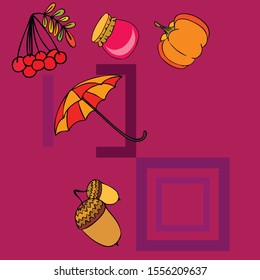 Vector of Autumn, Fall season theme, pumpkin, jam, umbrella. Set of cute colorful icon collection. Vector background.