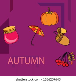 Vector of Autumn, Fall season theme, pumpkin, jam, umbrella. Set of cute colorful icon collection. Vector background.