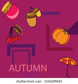 Vector of Autumn, Fall season theme, pumpkin, jam, umbrella. Set of cute colorful icon collection. Vector background.