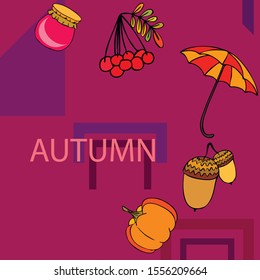 Vector of Autumn, Fall season theme, pumpkin, jam, umbrella. Set of cute colorful icon collection. Vector background.