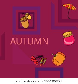 Vector of Autumn, Fall season theme, pumpkin, jam, umbrella. Set of cute colorful icon collection. Vector background.