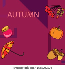 Vector of Autumn, Fall season theme, pumpkin, jam, umbrella. Set of cute colorful icon collection. Vector background.