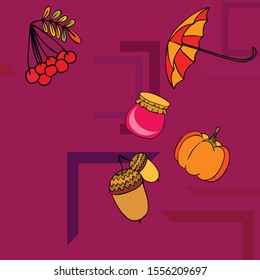 Vector of Autumn, Fall season theme, pumpkin, jam, umbrella. Set of cute colorful icon collection. Vector background.