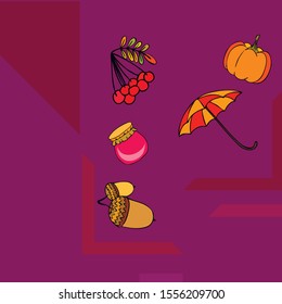 Vector of Autumn, Fall season theme, pumpkin, jam, umbrella. Set of cute colorful icon collection. Vector background.