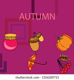 Vector of Autumn, Fall season theme, pumpkin, jam, umbrella. Set of cute colorful icon collection. Vector background.