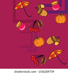 Vector of Autumn, Fall season theme, pumpkin, jam, umbrella. Set of cute colorful icon collection. Vector background.