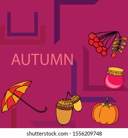 Vector of Autumn, Fall season theme, pumpkin, jam, umbrella. Set of cute colorful icon collection. Vector background.