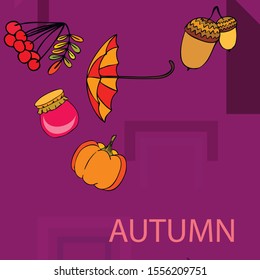 Vector of Autumn, Fall season theme, pumpkin, jam, umbrella. Set of cute colorful icon collection. Vector background.