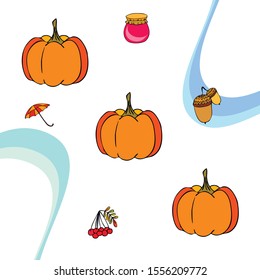 Vector of Autumn, Fall season theme, pumpkin, jam, umbrella. Set of cute colorful icon collection. Vector background.
