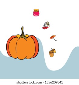Vector of Autumn, Fall season theme, pumpkin, jam, umbrella. Set of cute colorful icon collection. Vector background.