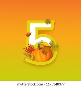 Vector autumn five 5 number with forest leaves and pumpkins on orange background. Seasonal typography symbol with floral maple oak tree leaves, thanksgiving holiday sign and harvest vegetable