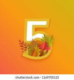 Vector autumn five number 5 with forest leaves on orange background. Seasonal typography symbol illustration with floral maple oak tree leaves, thanksgiving holiday sign