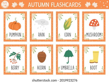 Vector Autumn Flash Cards Set. English Language Game With Cute Pumpkin, Mushroom, Umbrella, Acorn For Kids. Fall Season Flashcards. Simple Educational Printable Worksheet.
