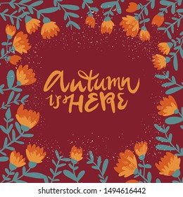 Vector autumn floral calendula frame. Colorful floral collection with yellow, terracotta flowers, leaves.   Vector